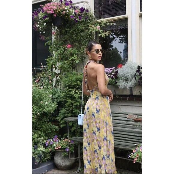 Zara Womens Maxi dress Size S Yellow Printed Beaded Boho Beach 6895/062 NWT - Picture 4 of 14